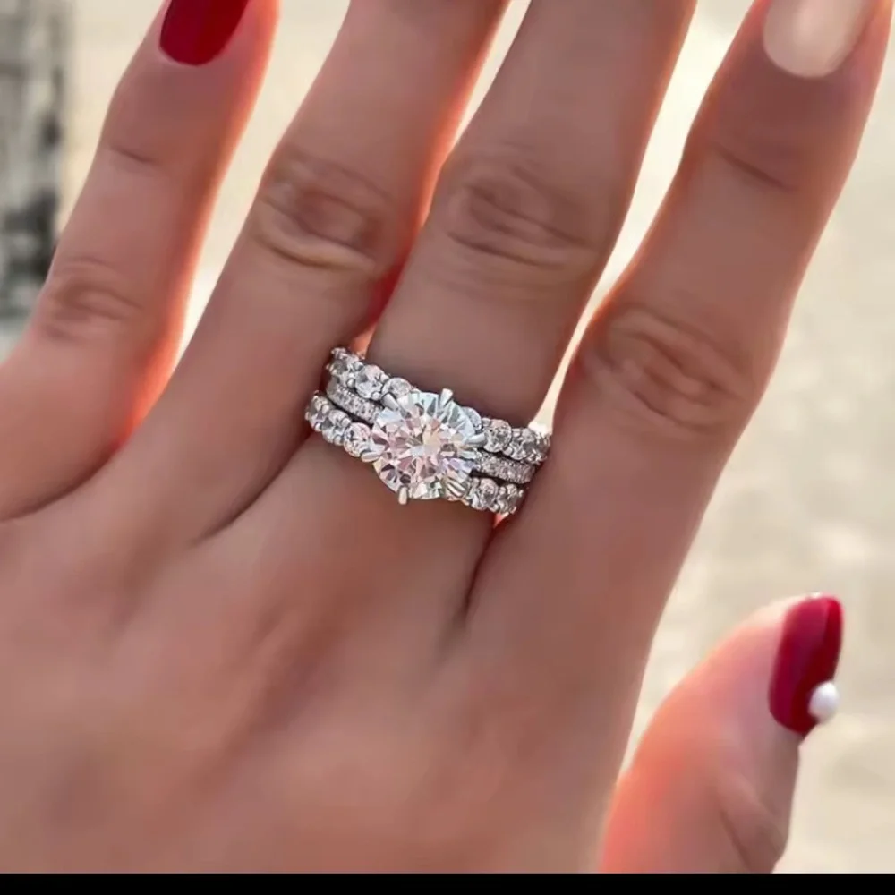 Neiman Marcus Silver-Tone Round Brilliant Solitaire with Pave Band Trio
